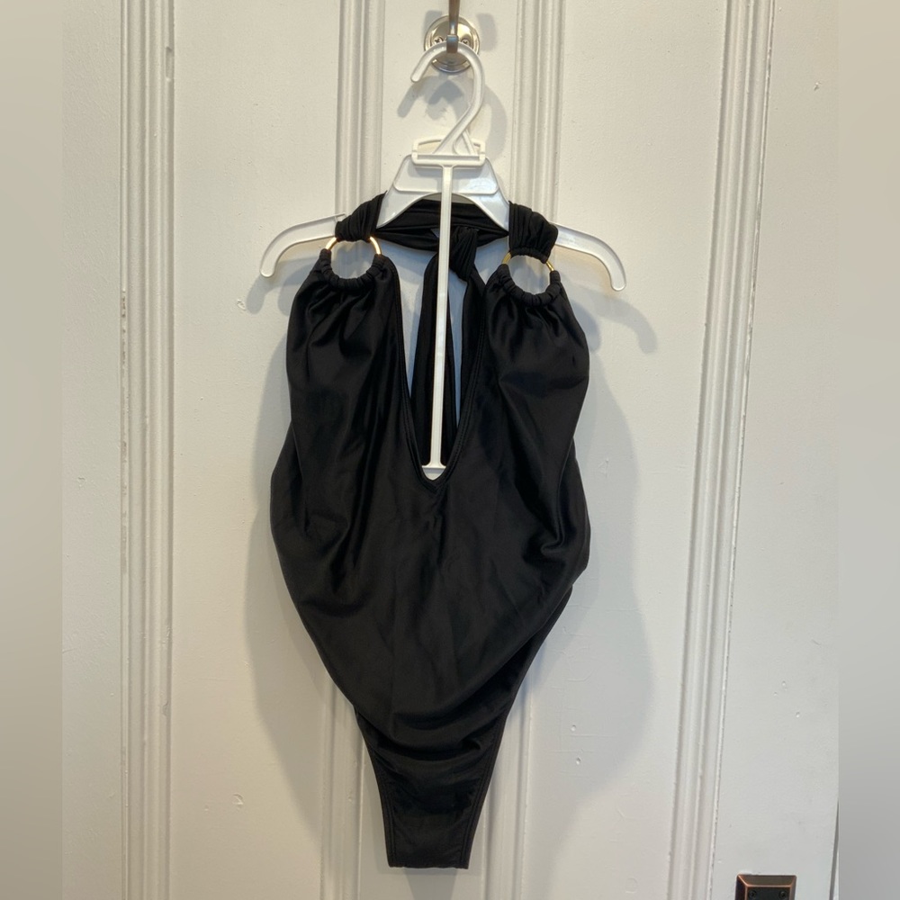 Vix by Paula Hermanny Black Halter One Piece with Gold Accents.